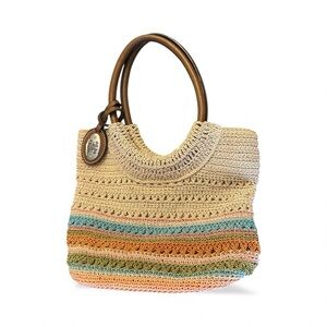 Vintage Multicolor Crochet Bag with Leather Handles